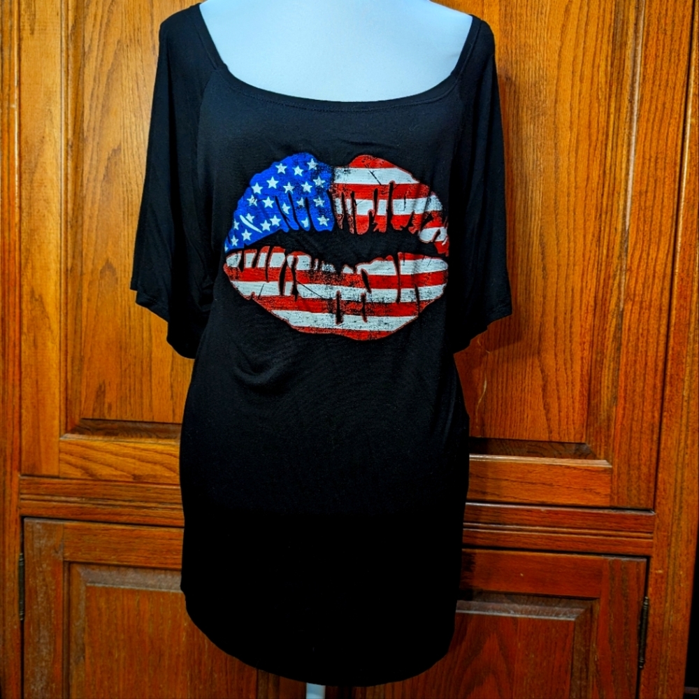 Bibi semi sheer black soft knit scoop patriotic kiss short sleeve long tunic